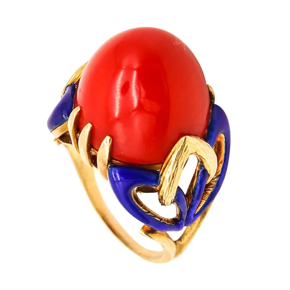 Art Deco 1930 Enamelled Cocktail Ring 18Kt Red Ox Blood Coral - Picture 1 of 7